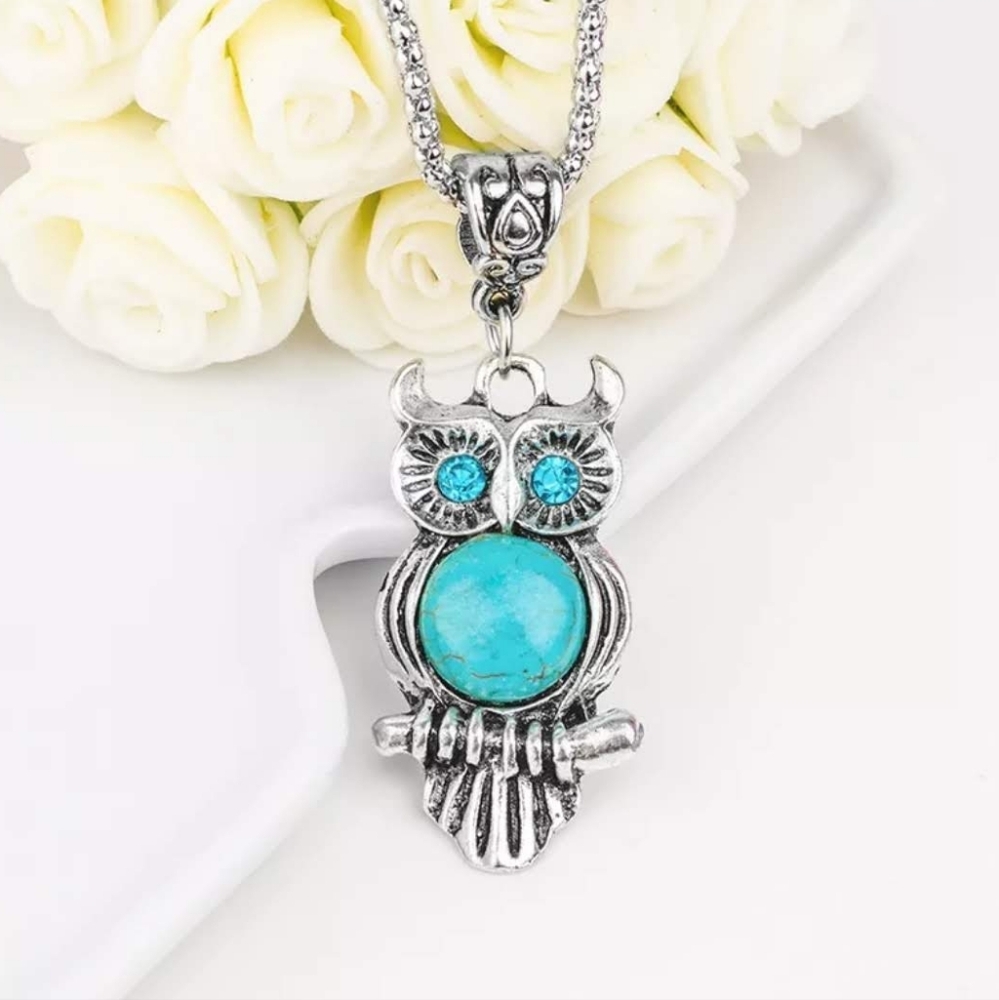 New Silver Owl Pendant Necklace with Turquoise Accent